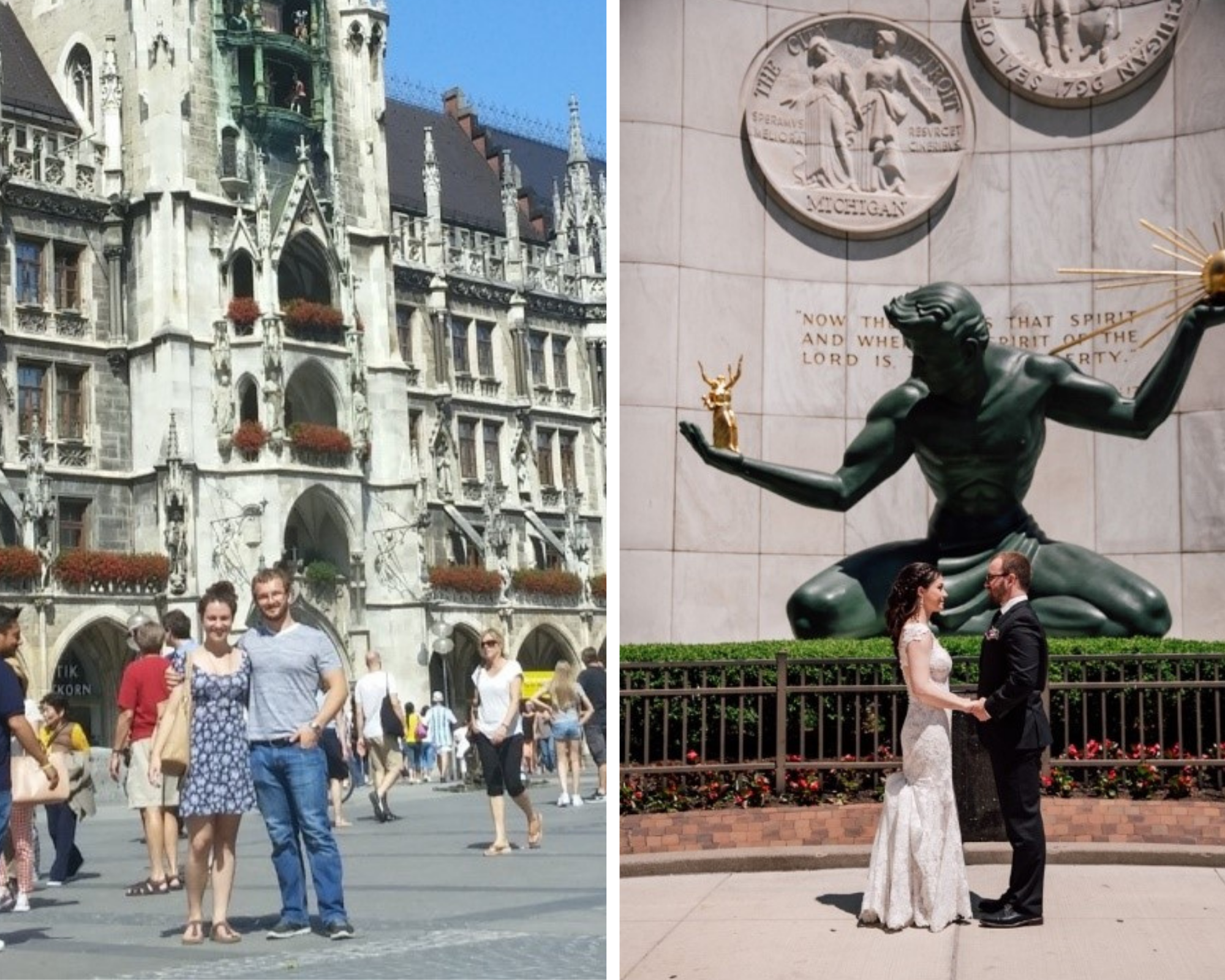 Kate and Danil at Marienplatz 2015. Married couple Kate and Danil in front of the Spirit of Detroit monument in May 2021